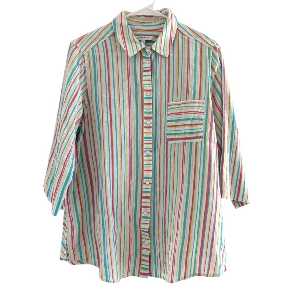 Foxcroft Multicolor Striped Crossover Linen Shortsleeve Button Up Shirt